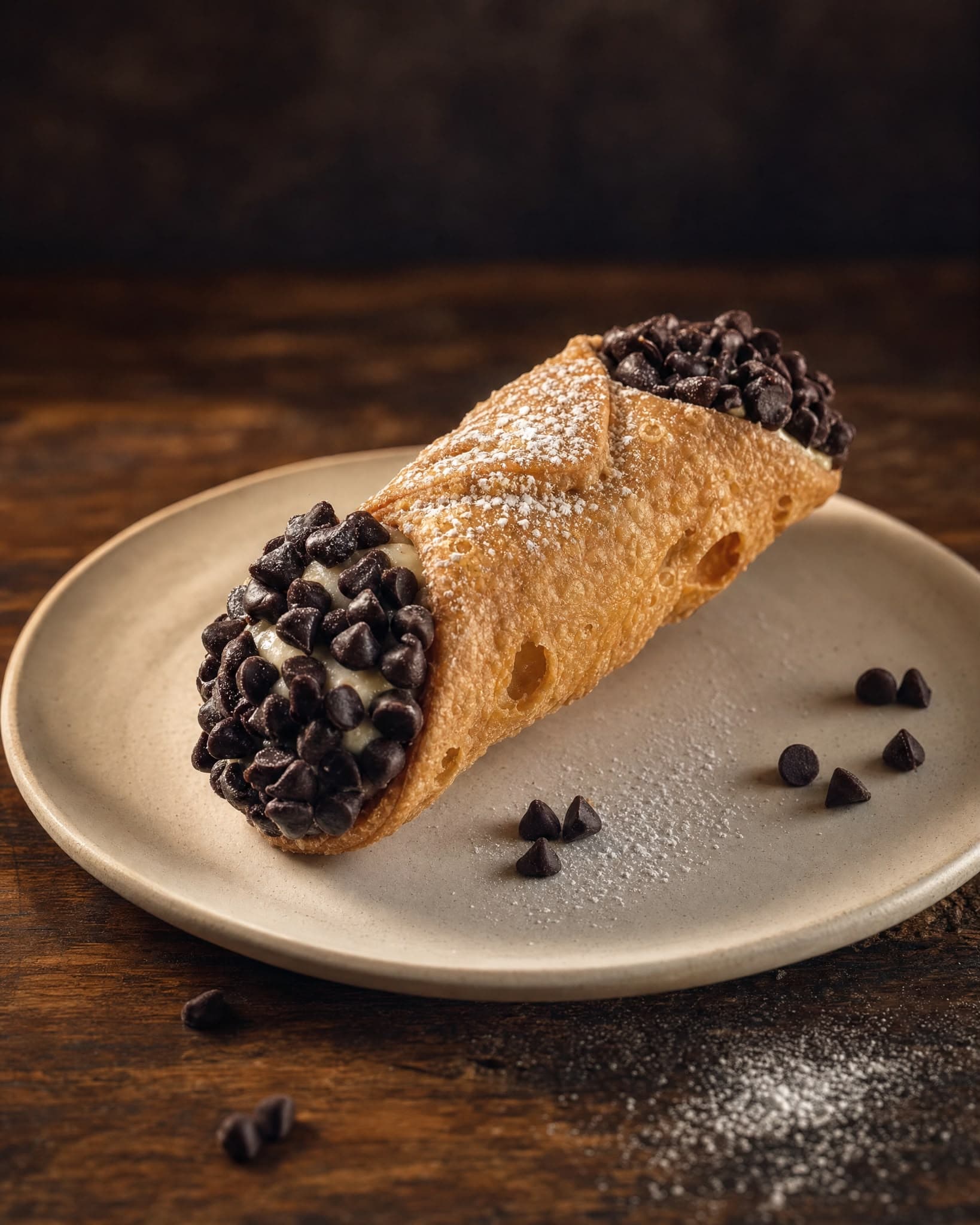 Cannolo filled with ricotta and chocolate chips