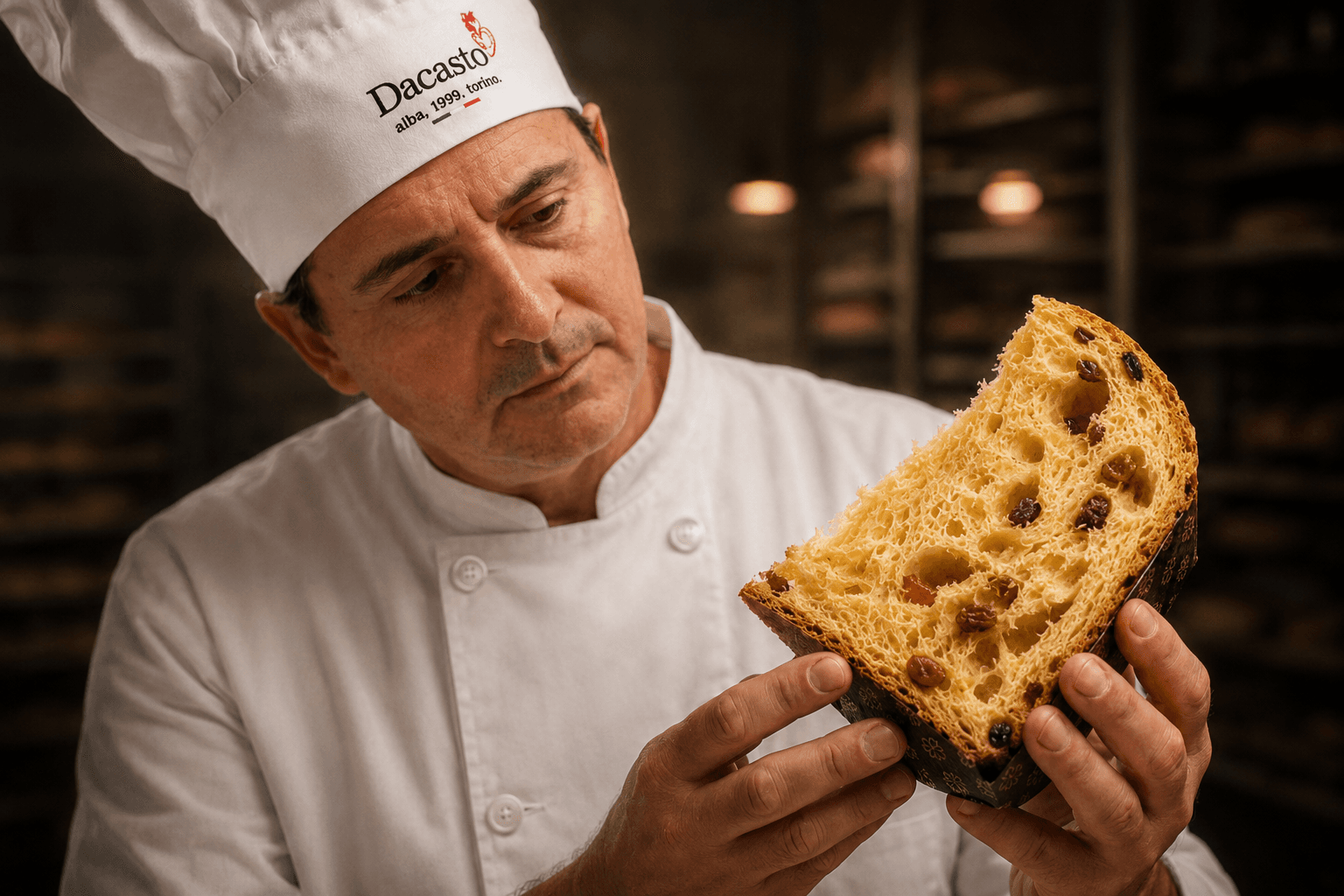 Enrico Dacasto inspecting a slice of handmade panettone