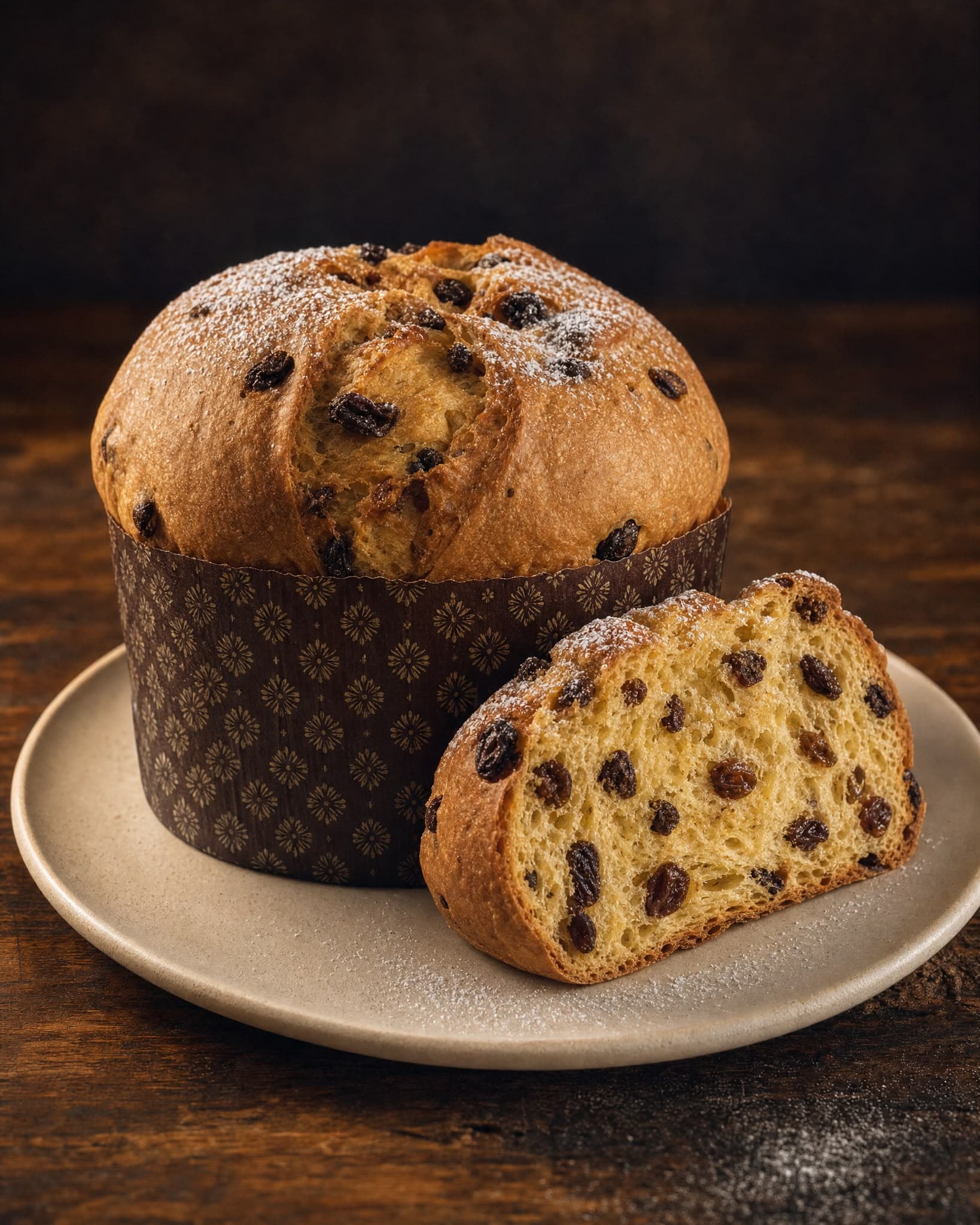 Sliced Dacasto panettone on a ceramic plate