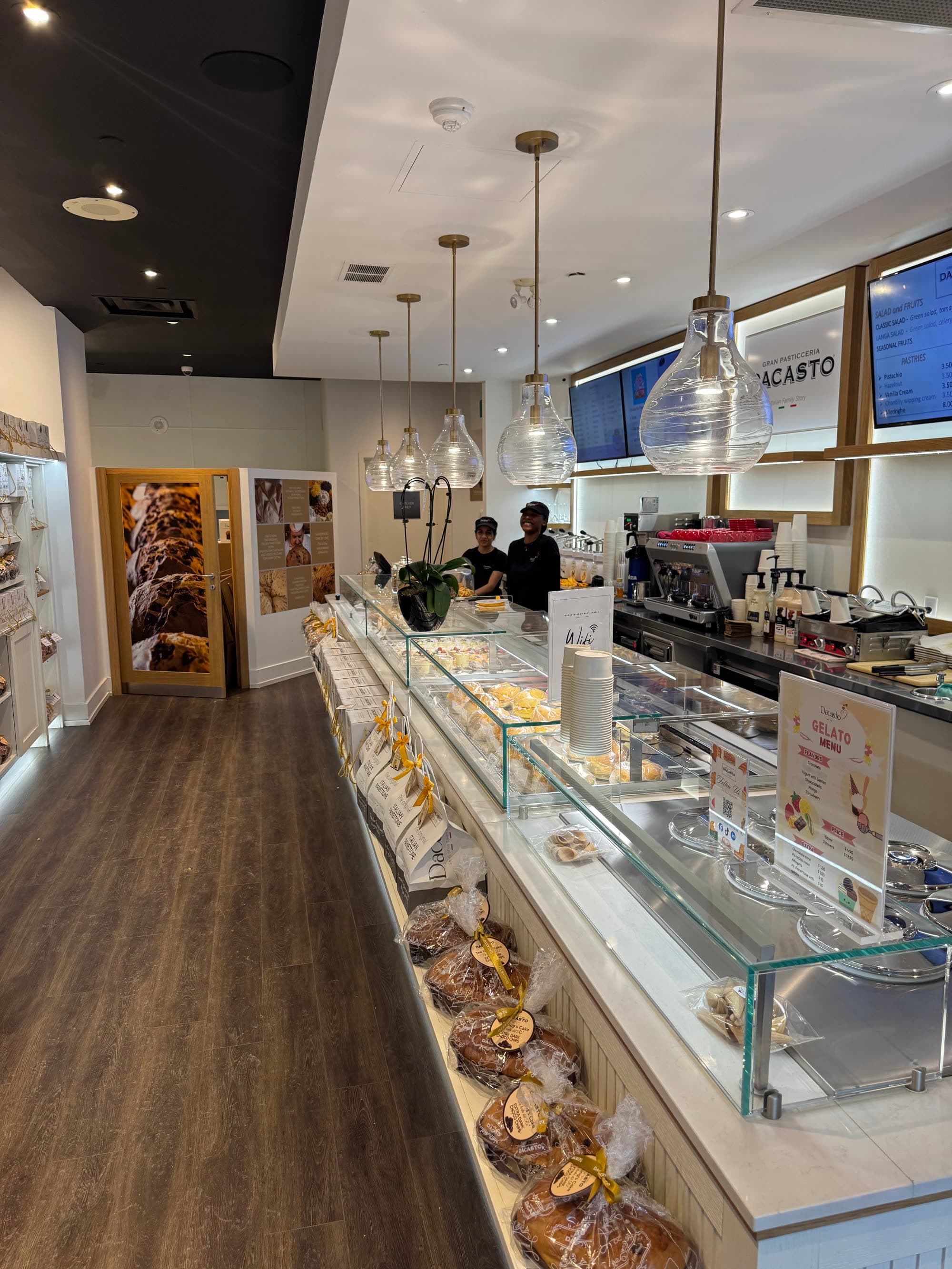 Inside Dacasto Gran Pasticceria, with the counter and gelato case